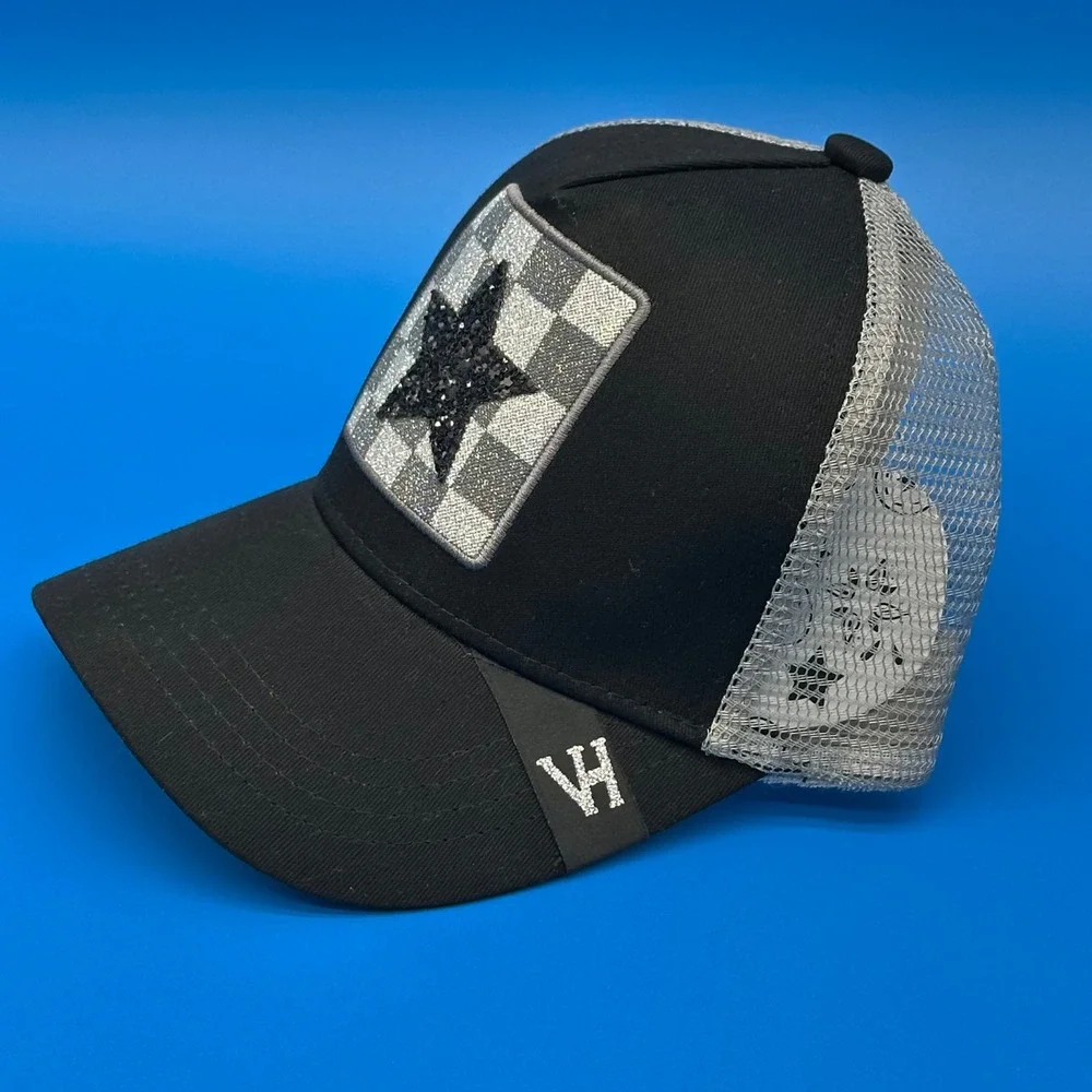 Vintage Havana Womens OS Trucker Hat Black Silver Glitter Star Checkered Glam